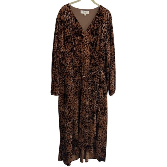 Nurture by Westbound Woman Velvet Maxi Dress 2X Brown Animal Print High Low Hem - Picture 1 of 10